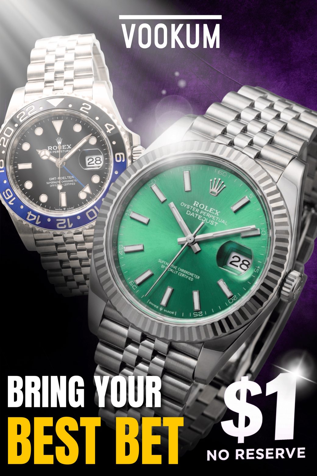 Vookum promotional graphic of two steel watches: Bring your best bet, $1 no reserve