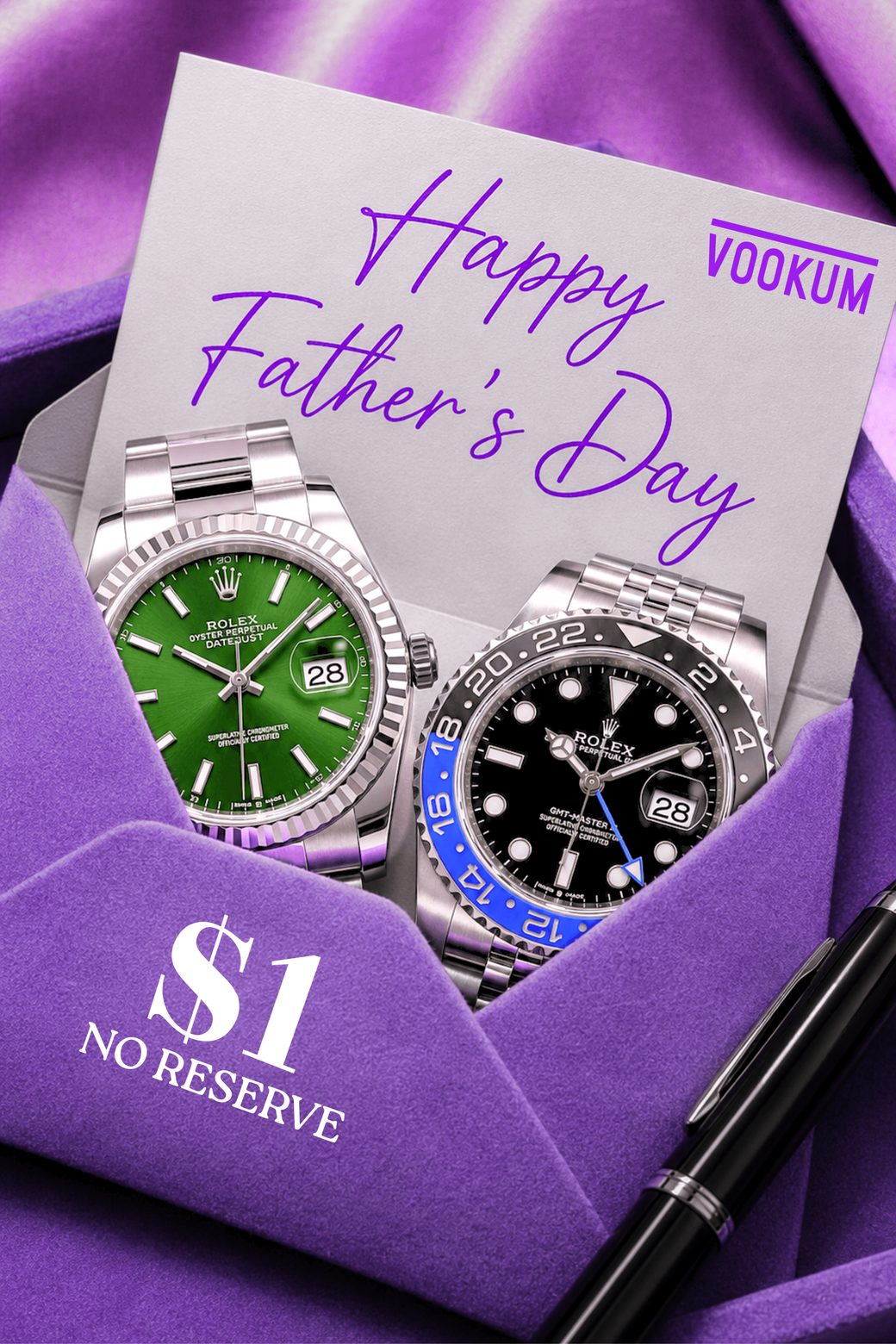 Vookum Father's Day promotional graphic of two watches in a purple envelope